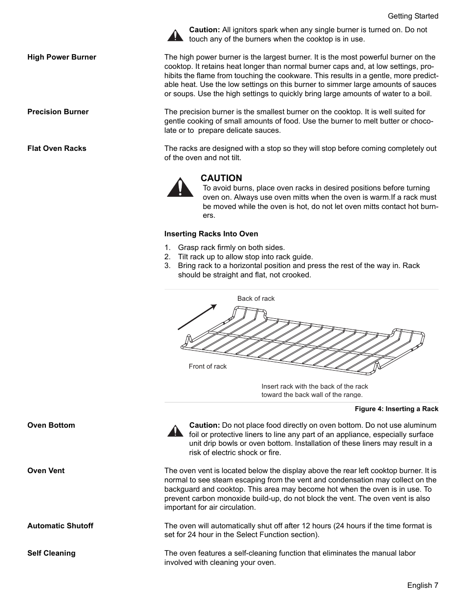 High power burner, Precision burner, Flat oven racks | Grasp rack firmly on both sides, Tilt rack up to allow stop into rack guide, Figure 4: inserting a rack, Oven bottom, Oven vent, Automatic shutoff, Self cleaning | Bosch BOSCH GAS RANGE User Manual | Page 9 / 112