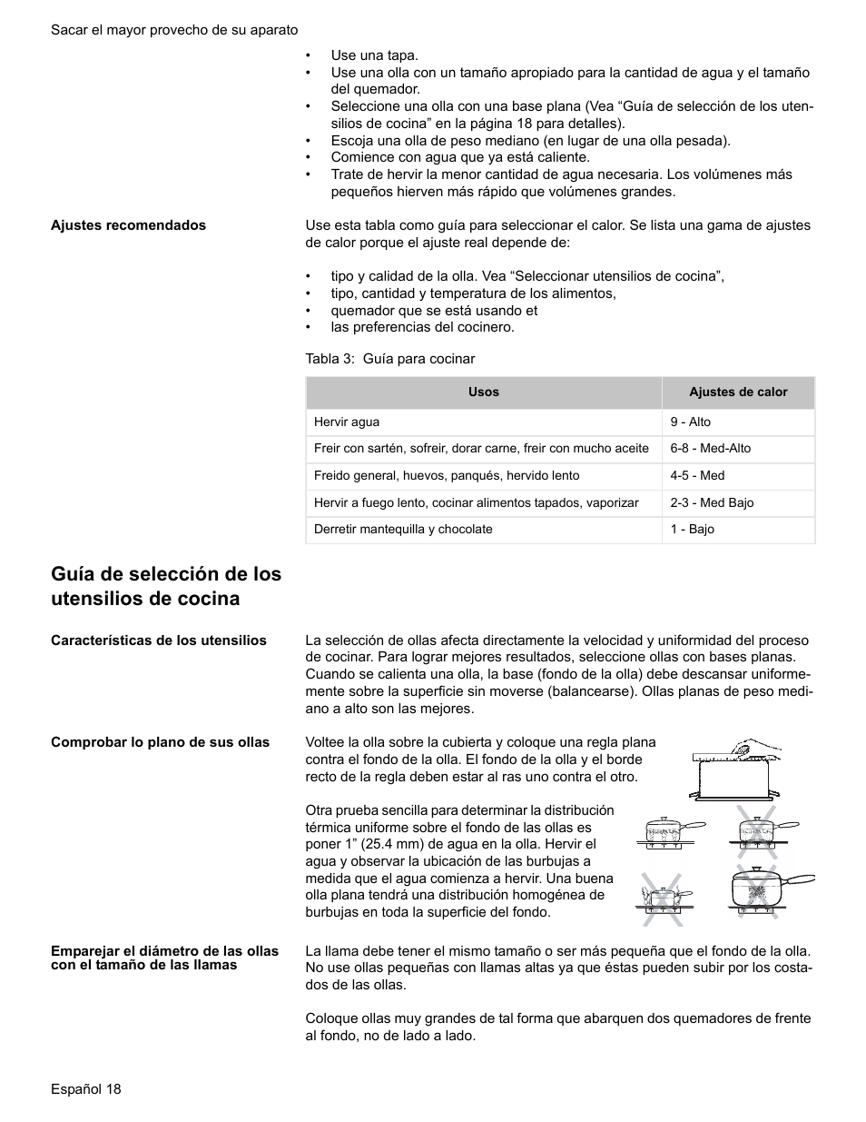 Ajustes recomendados, Tabla 3: guía para cocinar, Guía de selección de los utensilios de cocina | Características de los utensilios, Comprobar lo plano de sus ollas | Bosch BOSCH GAS RANGE User Manual | Page 90 / 112
