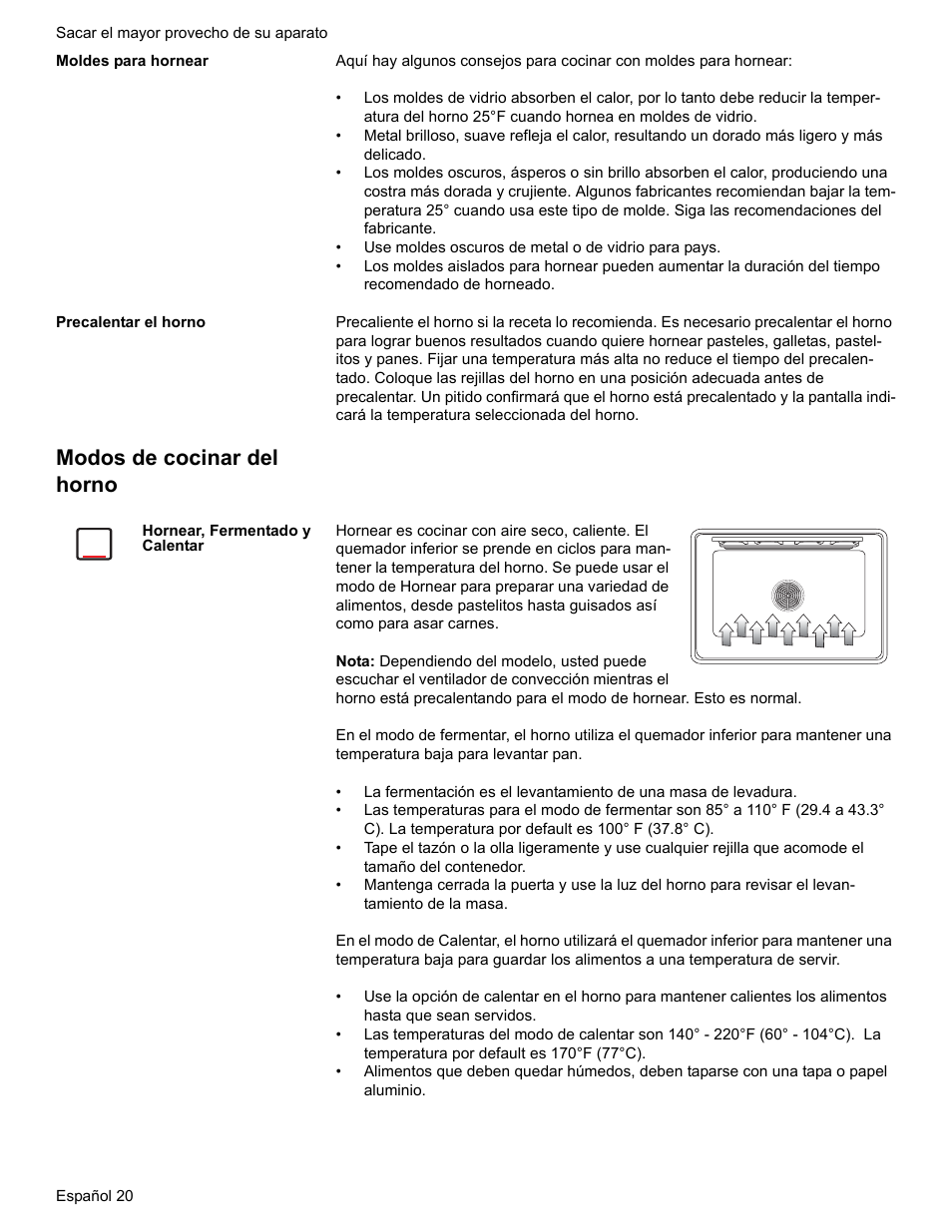 Moldes para hornear, Precalentar el horno, Modos de cocinar del horno | Hornear, fermentado y calentar | Bosch BOSCH GAS RANGE User Manual | Page 92 / 112