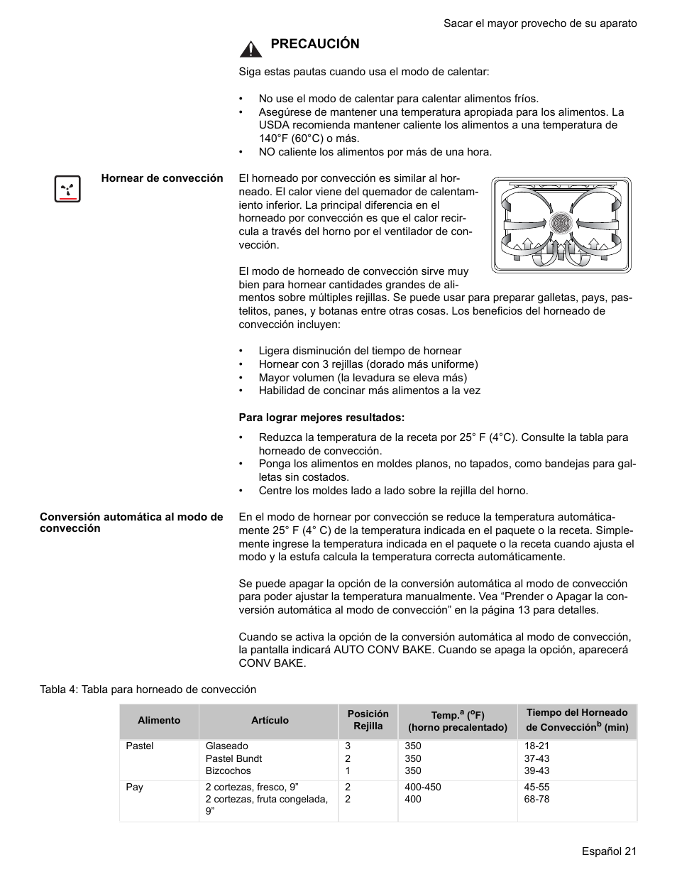 Hornear de convección, Conversión automática al modo de convección, Tabla 4: tabla para horneado de convección | Precaución | Bosch BOSCH GAS RANGE User Manual | Page 93 / 112