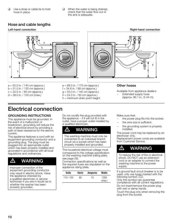 Electrical connection, Warning, Hose and cable lengths | Bosch WFMC8400UC User Manual | Page 10 / 96