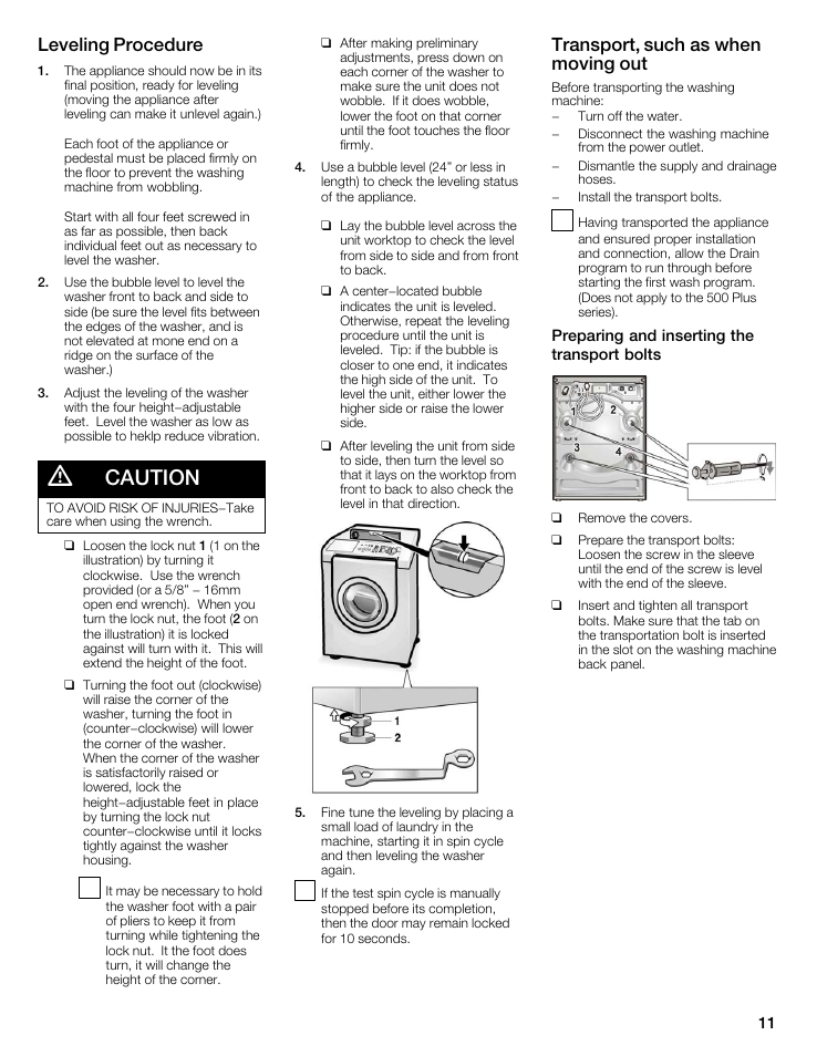 Caution, Leveling procedure, Transport, such as when moving out | Bosch WFMC8400UC User Manual | Page 11 / 96