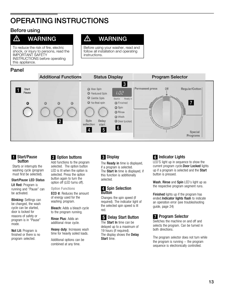 Operating instructions, Warning, Before using | Panel | Bosch WFMC8400UC User Manual | Page 13 / 96