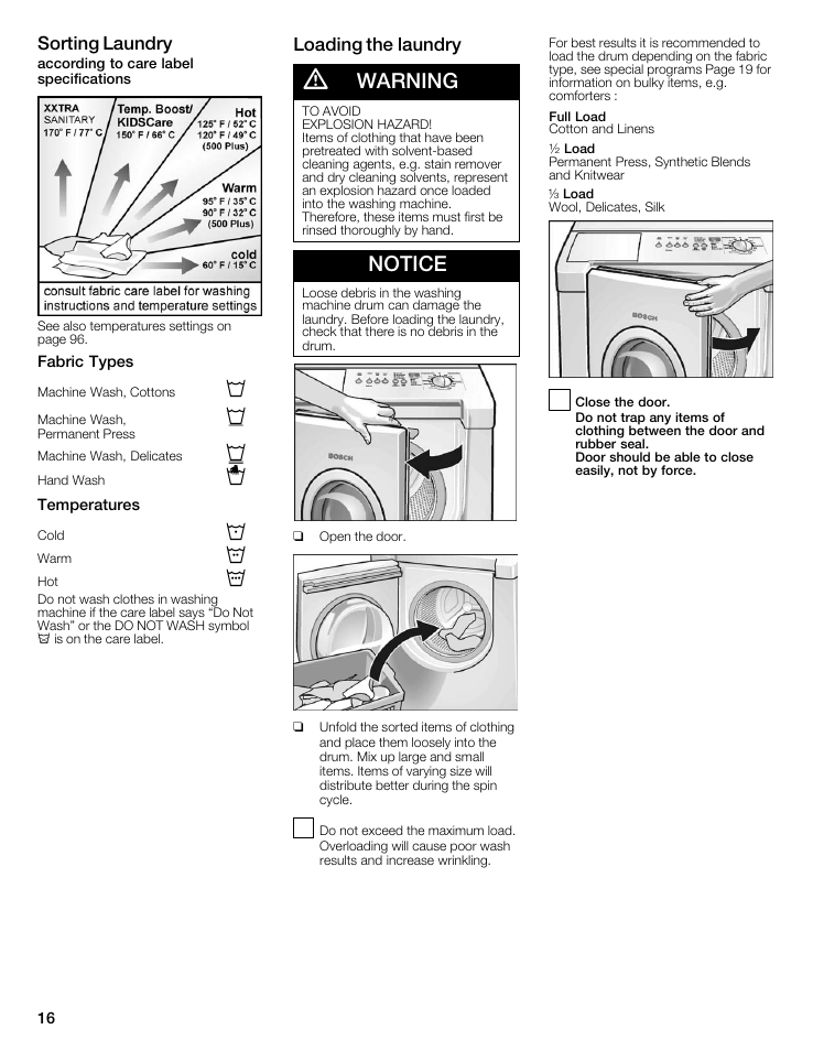 Warning, Notice, Sorting laundry | Loading the laundry | Bosch WFMC8400UC User Manual | Page 16 / 96