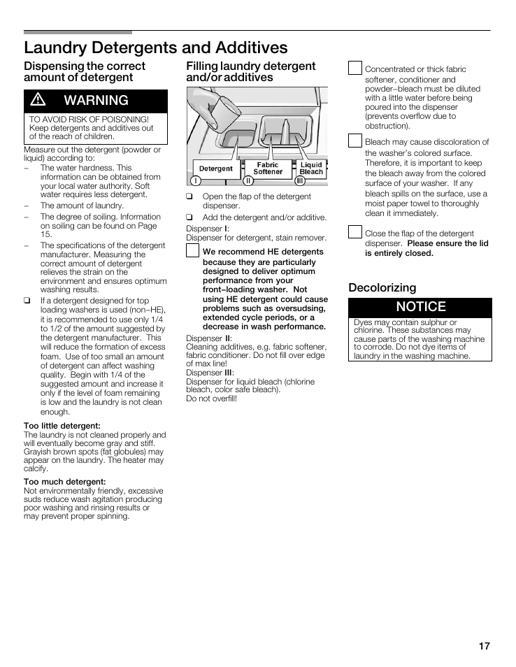 Laundry detergents and additives, Warning, Notice | Dispensing the correct amount of detergent, Filling laundry detergent and/or additives, Decolorizing | Bosch WFMC8400UC User Manual | Page 17 / 96