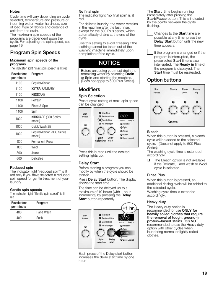 Notice, Program spin speeds, Modifiers | Option buttons | Bosch WFMC8400UC User Manual | Page 19 / 96