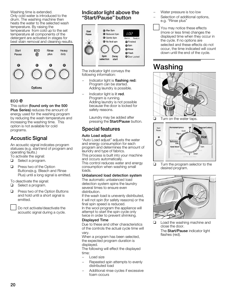 Washing, Acoustic signal, Indicator light above the start/pause" button | Special features | Bosch WFMC8400UC User Manual | Page 20 / 96