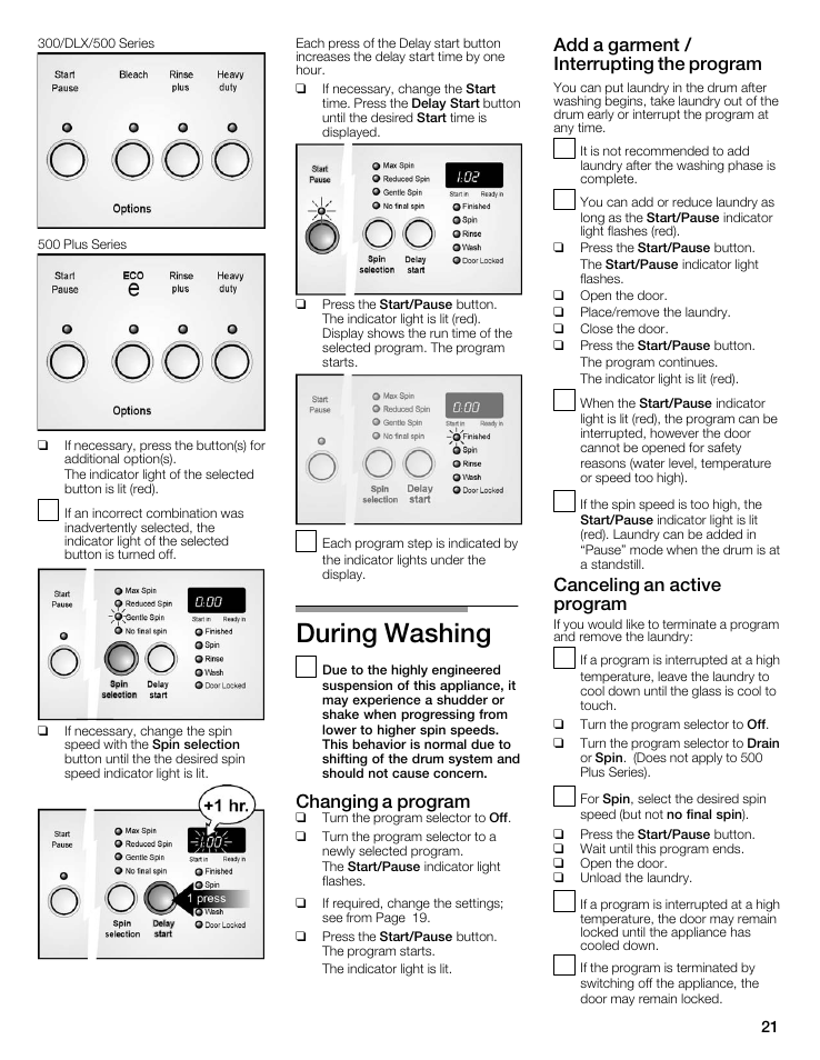 During washing, Changing a program, Add a garment / interrupting the program | Canceling an active program | Bosch WFMC8400UC User Manual | Page 21 / 96