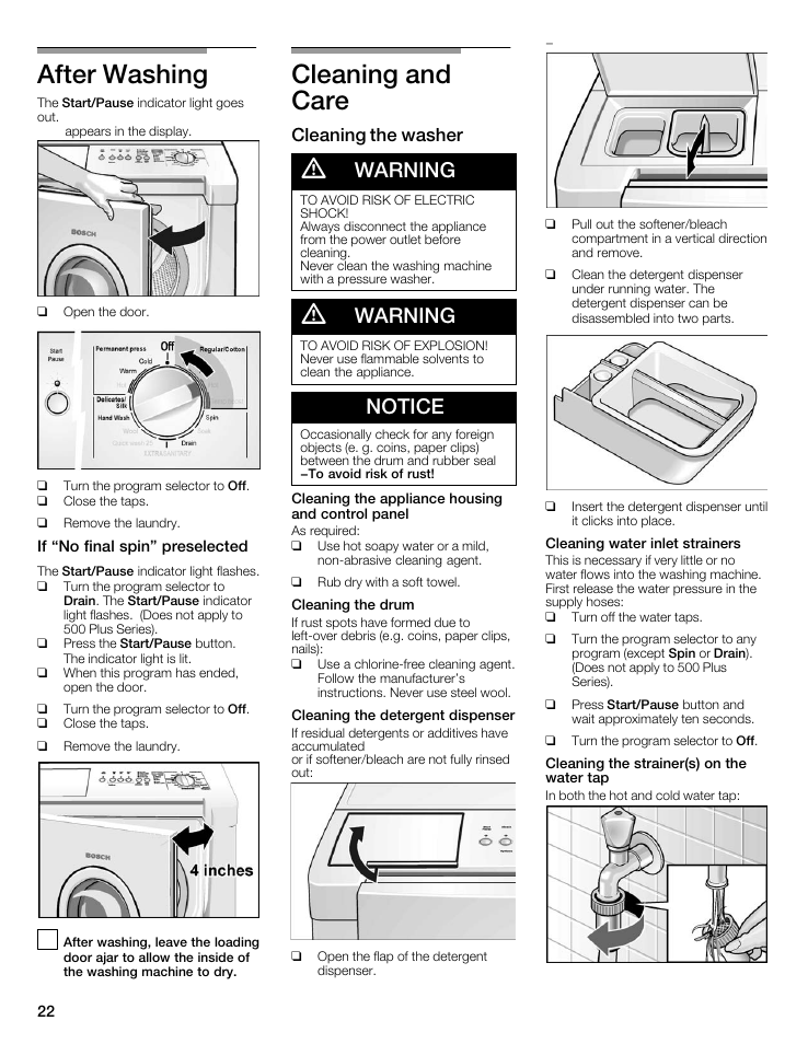 After washing, Cleaning and care, Warning | Notice, Cleaning the washer | Bosch WFMC8400UC User Manual | Page 22 / 96