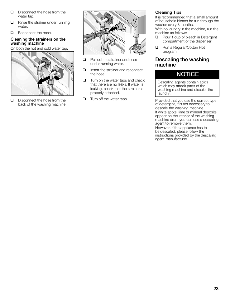 Notice, Descaling the washing machine | Bosch WFMC8400UC User Manual | Page 23 / 96