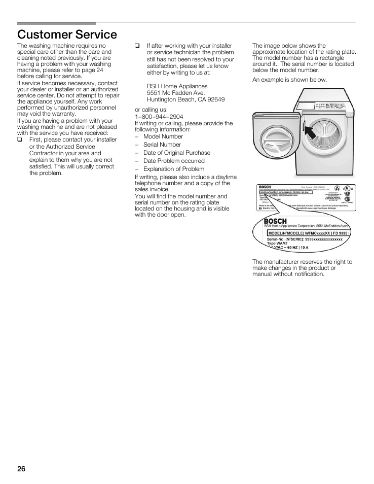 Customer service | Bosch WFMC8400UC User Manual | Page 26 / 96