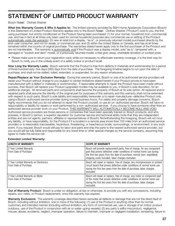 Statement of limited product warranty | Bosch WFMC8400UC User Manual | Page 27 / 96