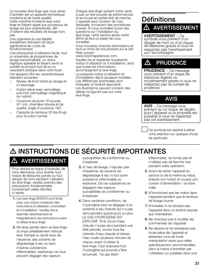 Définitions d, D instructions de sécurité importantes d, Avertissement | Prudence, Avis | Bosch WFMC8400UC User Manual | Page 31 / 96