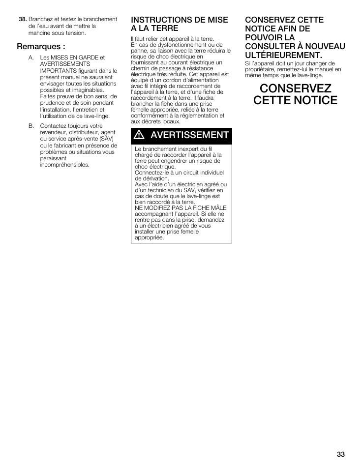 Conservez cette notice, Avertissement, Remarques | Instructions de mise a la terre | Bosch WFMC8400UC User Manual | Page 33 / 96