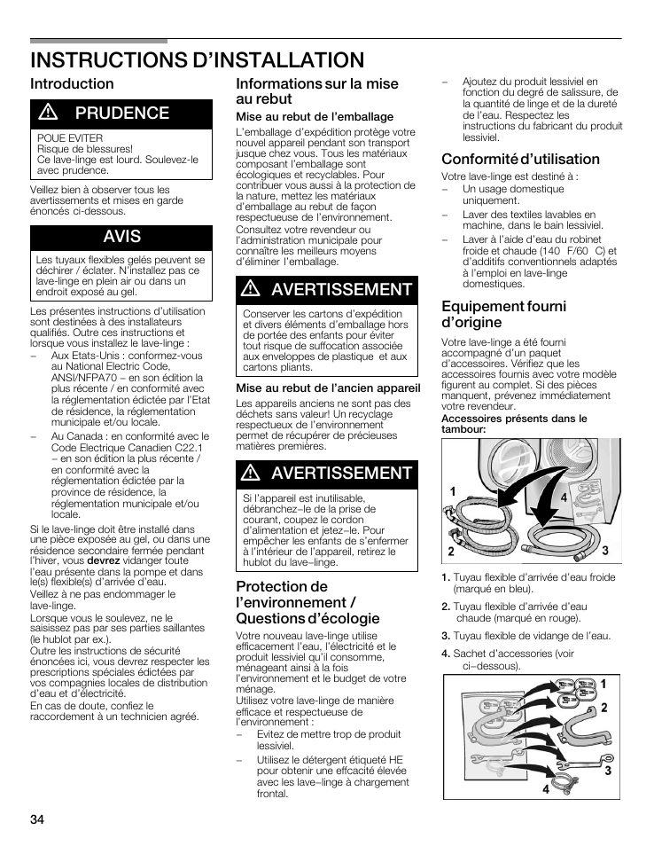 Instructions d'installation, Prudence, Avis | Avertissement, Introduction, Informations sur la mise au rebut, Conformité d'utilisation, Equipement fourni d'origine | Bosch WFMC8400UC User Manual | Page 34 / 96