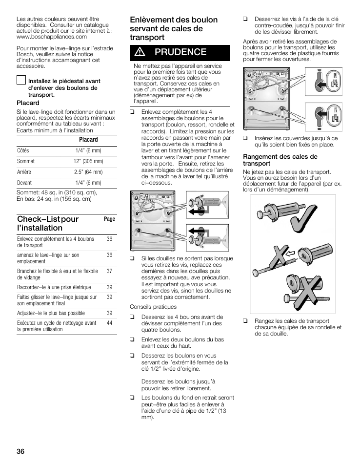 Prudence, Check-list pour l'installation | Bosch WFMC8400UC User Manual | Page 36 / 96