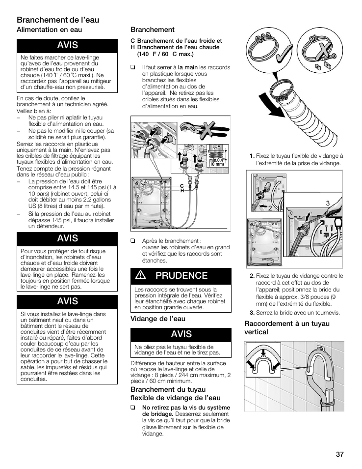 Avis, Prudence, Branchement de l'eau | Bosch WFMC8400UC User Manual | Page 37 / 96