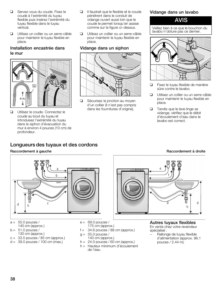 Avis, Longueurs des tuyaux et des cordons | Bosch WFMC8400UC User Manual | Page 38 / 96