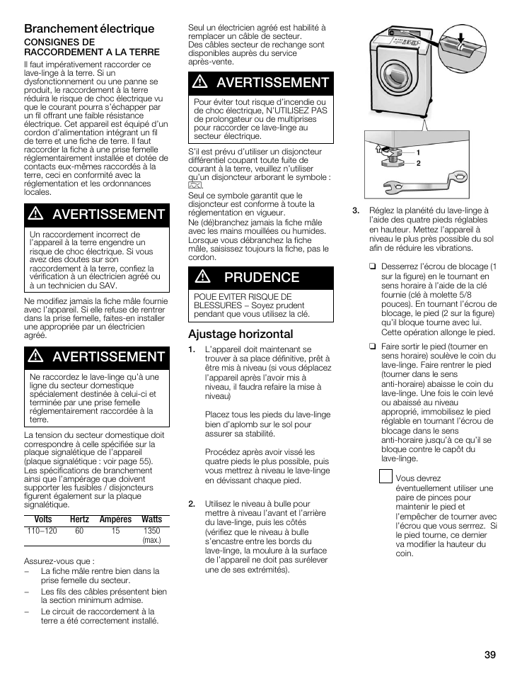 Avertissement, Prudence, Branchement électrique | Ajustage horizontal | Bosch WFMC8400UC User Manual | Page 39 / 96