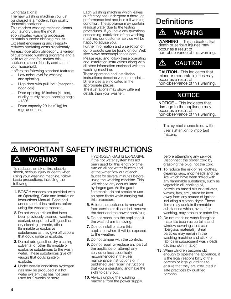 Definitions d, D important safety instructions d, Warning | Caution, Notice | Bosch WFMC8400UC User Manual | Page 4 / 96