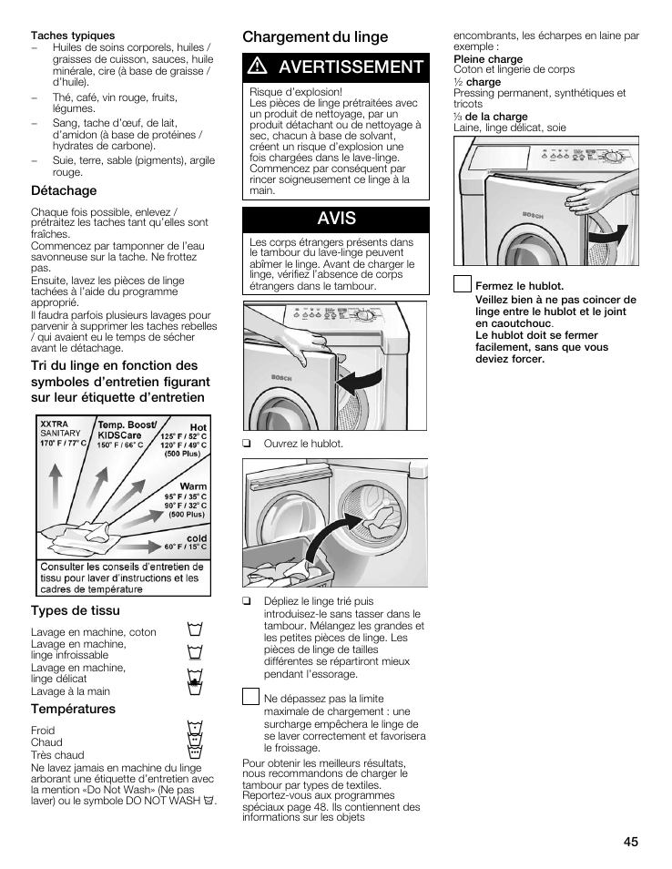 Avertissement, Avis, Chargement du linge | Bosch WFMC8400UC User Manual | Page 45 / 96