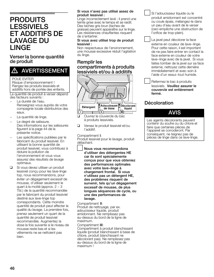 Produits lessiviels et additifs de lavage du linge, Avertissement, Avis | Verser la bonne quantité de produit, Décoloration | Bosch WFMC8400UC User Manual | Page 46 / 96