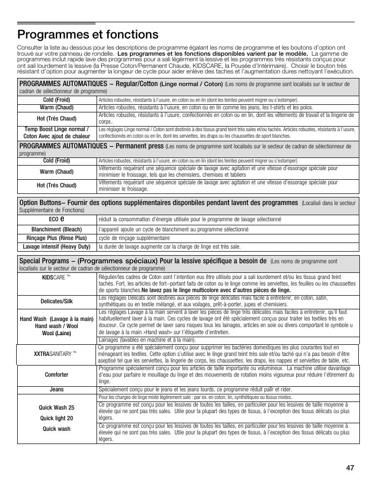 Programmes et fonctions | Bosch WFMC8400UC User Manual | Page 47 / 96