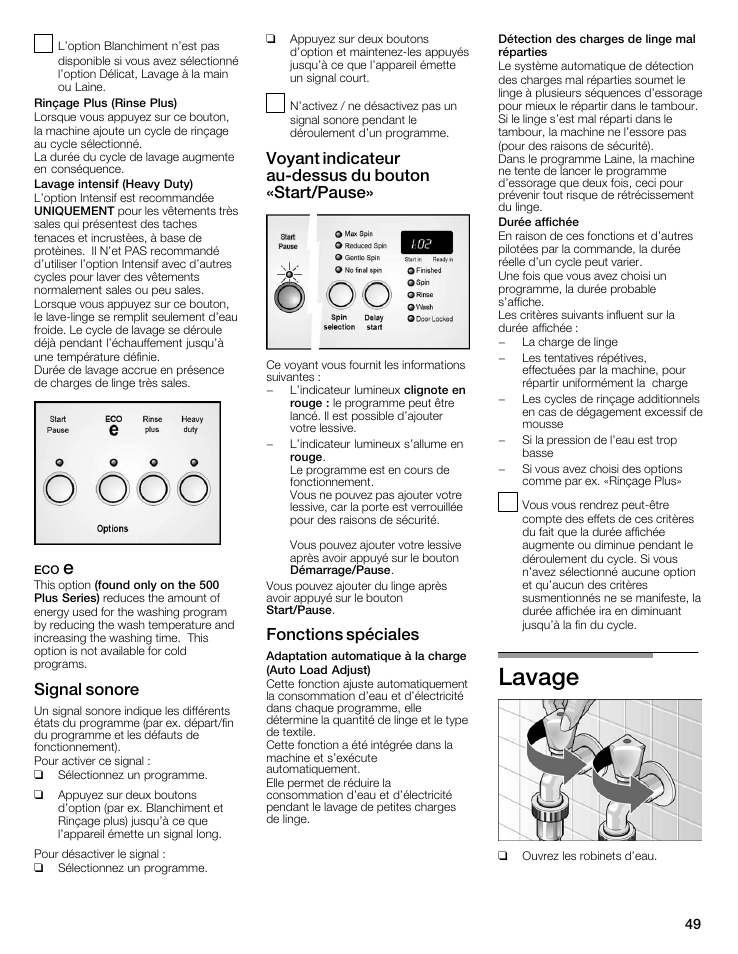 Lavage, Signal sonore, Voyant indicateur aućdessus du bouton «start/pause | Fonctions spéciales | Bosch WFMC8400UC User Manual | Page 49 / 96