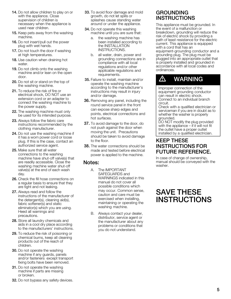 Save these instructions, Warning, Grounding instructions | Keep these instructions for future reference | Bosch WFMC8400UC User Manual | Page 5 / 96