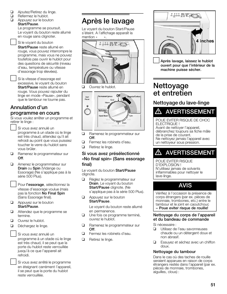 Après le lavage, Nettoyage et entretien, Avertissement | Avis, Annulation d'un programme en cours, Nettoyage du lavećlinge | Bosch WFMC8400UC User Manual | Page 51 / 96