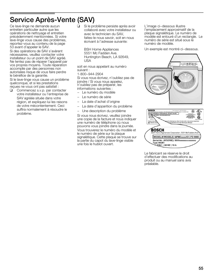 Service aprèsćvente (sav) | Bosch WFMC8400UC User Manual | Page 55 / 96