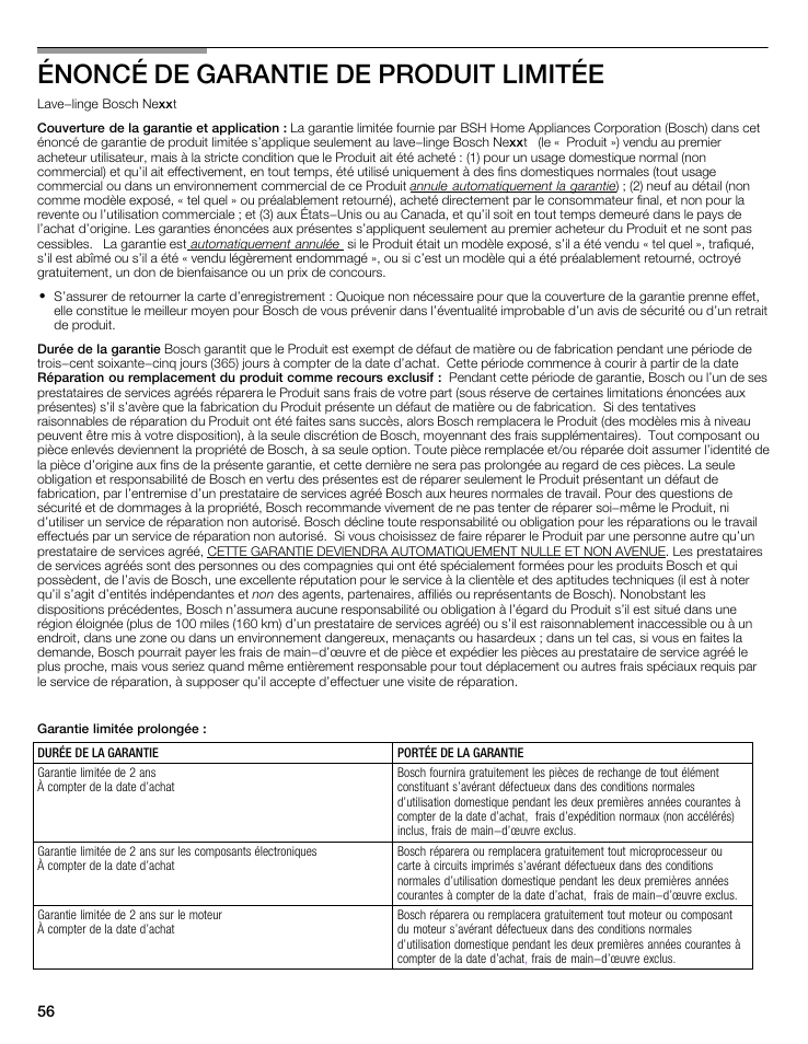 Énoncé de garantie de produit limitée | Bosch WFMC8400UC User Manual | Page 56 / 96