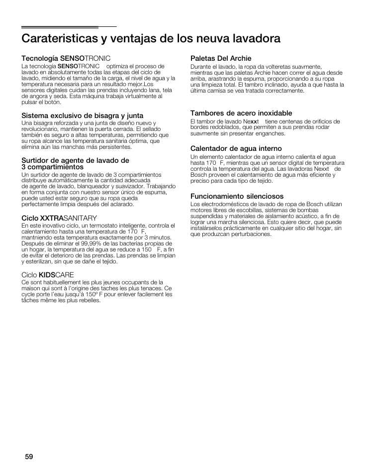 Carateristicas y ventajas de los neuva lavadora | Bosch WFMC8400UC User Manual | Page 59 / 96