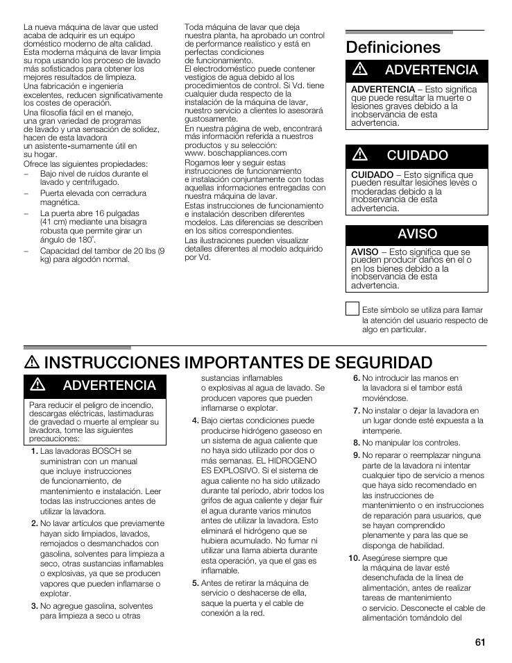 Definiciones d, D instrucciones importantes deăseguridad d, Advertencia | Cuidado, Aviso | Bosch WFMC8400UC User Manual | Page 61 / 96