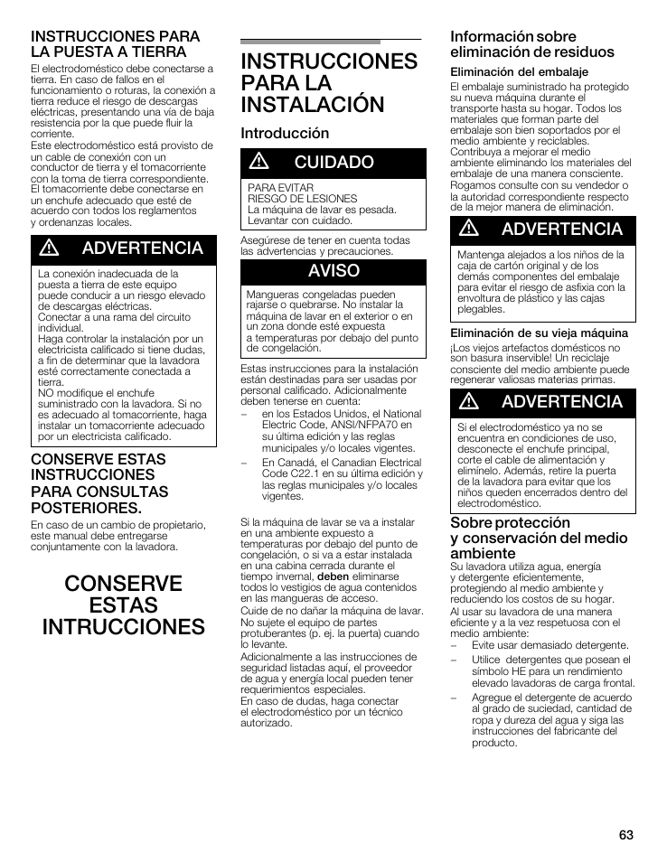 Advertencia, Cuidado, Aviso | Instrucciones para la puesta aătierra, Introducción, Información sobre eliminación de residuos, Sobre protección yăconservación del medio ambiente | Bosch WFMC8400UC User Manual | Page 63 / 96