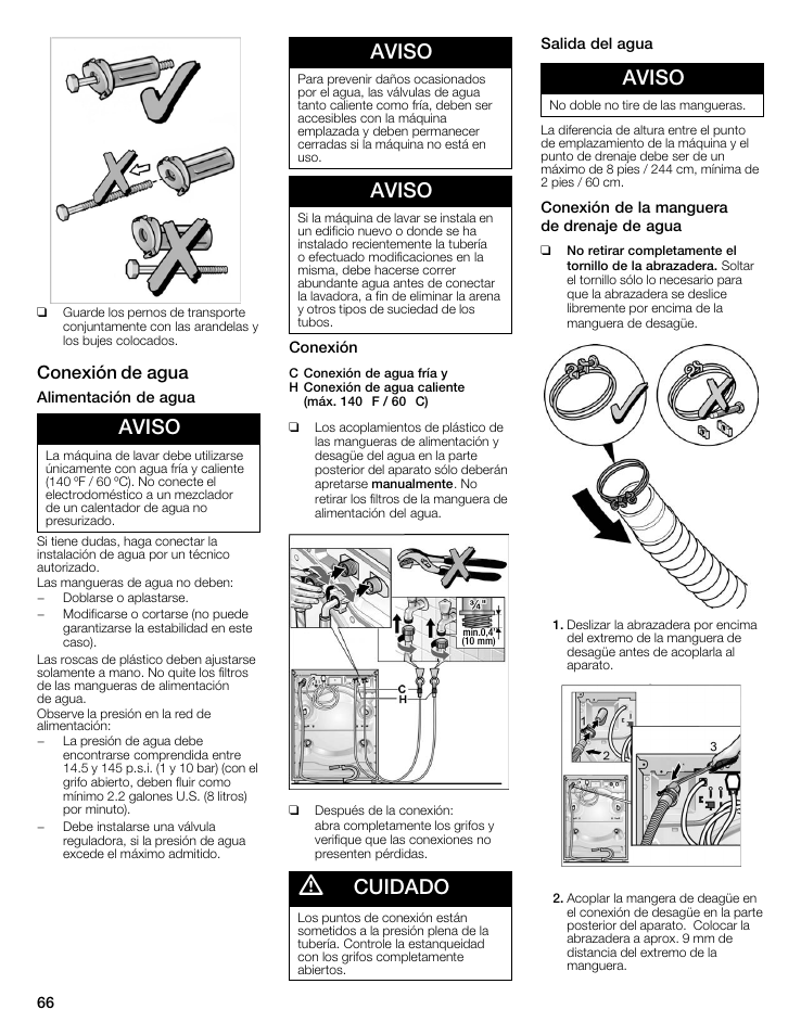 Aviso, Cuidado, Conexión de agua | Bosch WFMC8400UC User Manual | Page 66 / 96