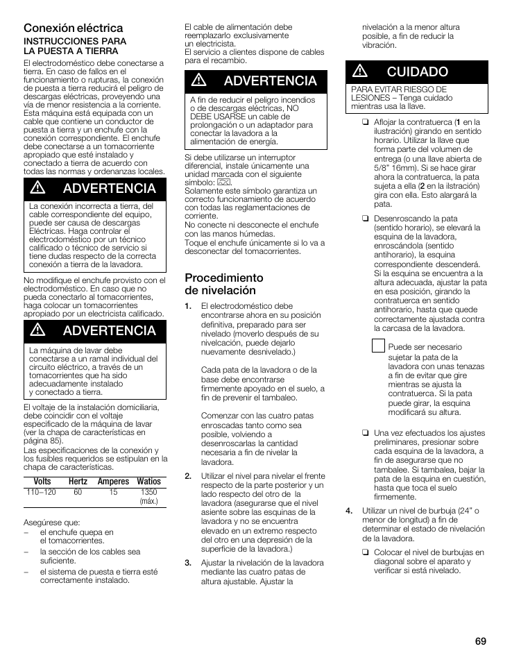 Advertencia, Cuidado, Conexión eléctrica | Procedimiento deănivelación | Bosch WFMC8400UC User Manual | Page 69 / 96