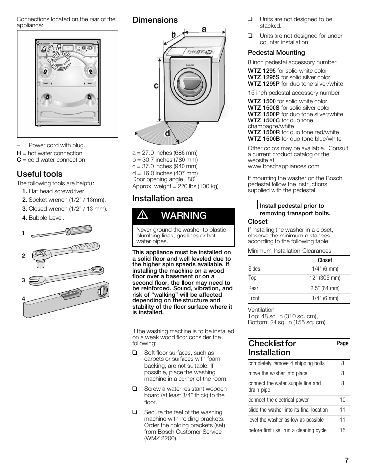 Warning, Useful tools, Dimensions | Installation area, Checklist for installation | Bosch WFMC8400UC User Manual | Page 7 / 96