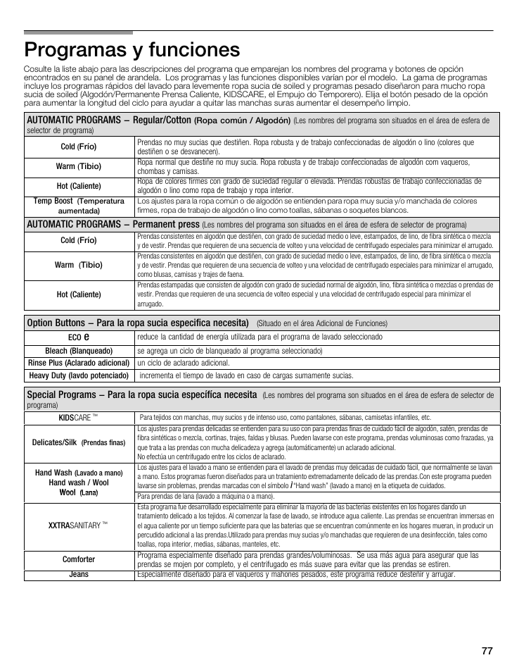 Programas yăfunciones | Bosch WFMC8400UC User Manual | Page 77 / 96