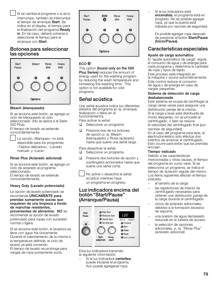 Botones para seleccionar las opciones, Señal acústica, Características especiales | Bosch WFMC8400UC User Manual | Page 79 / 96