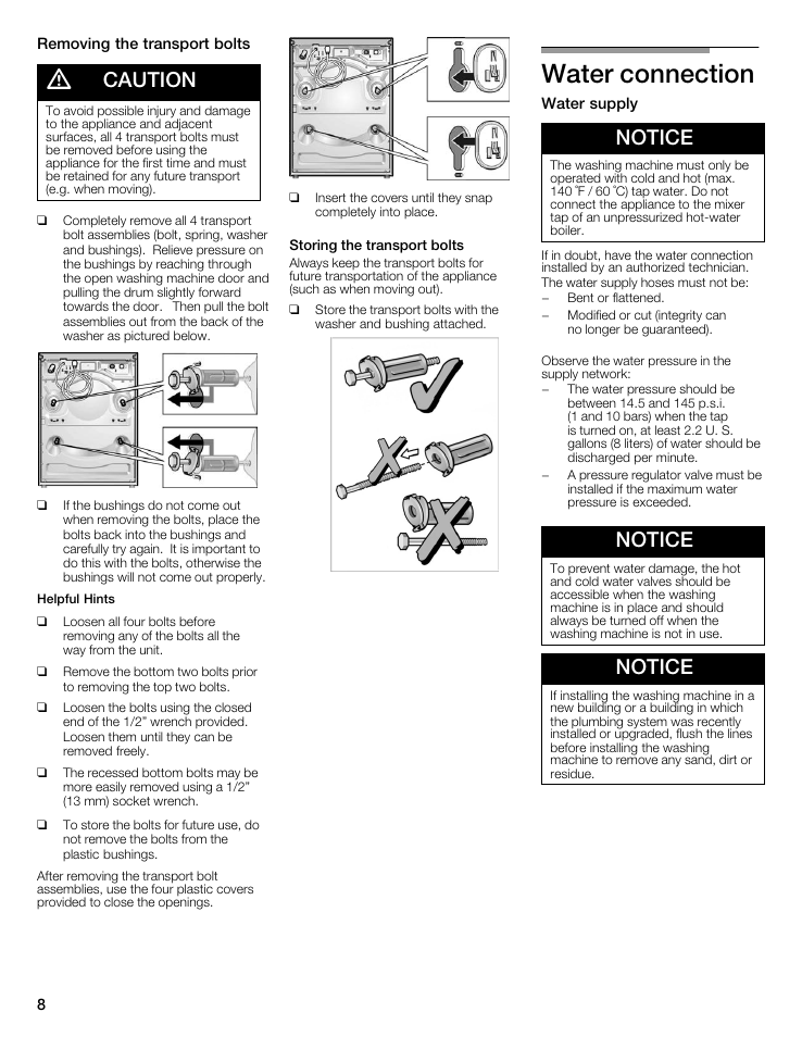 Water connection, Caution, Notice | Bosch WFMC8400UC User Manual | Page 8 / 96