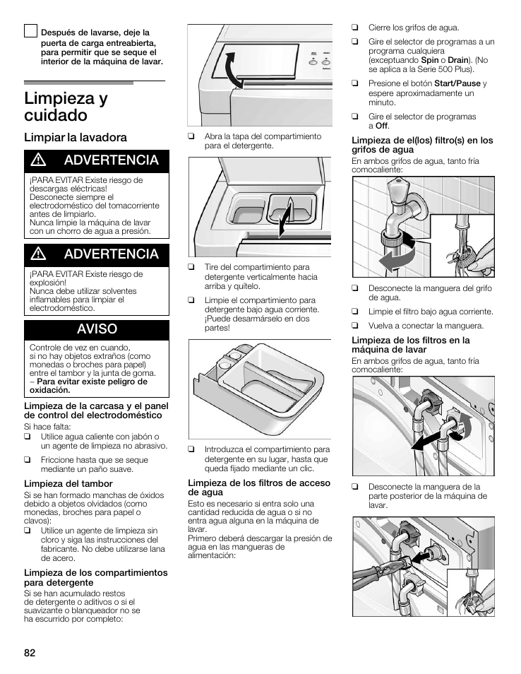 Limpieza y cuidado, Advertencia, Aviso | Limpiar la lavadora | Bosch WFMC8400UC User Manual | Page 82 / 96