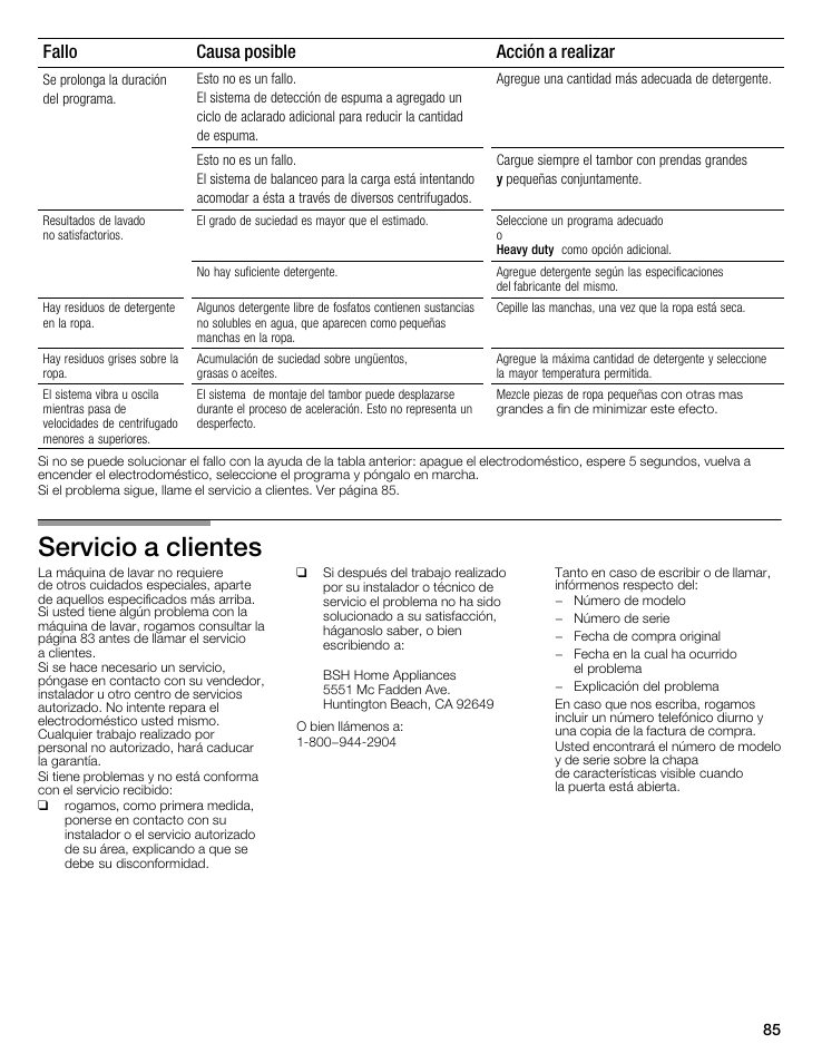 Servicio a clientes, Fallo acción a realizar causa posible | Bosch WFMC8400UC User Manual | Page 85 / 96