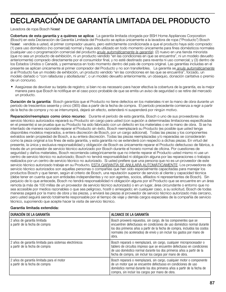 Declaración de garantía limitada del producto | Bosch WFMC8400UC User Manual | Page 87 / 96