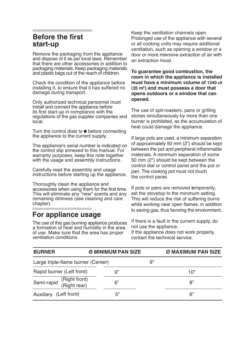 Before the first start-up for appliance usage | Bosch PGL985UC User Manual | Page 11 / 65