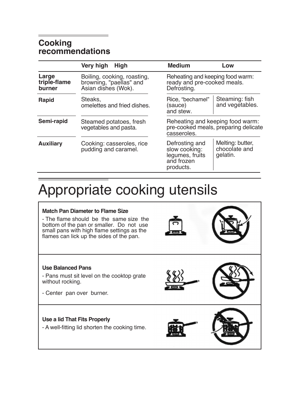 Appropriate cooking utensils, Cooking recommendations | Bosch PGL985UC User Manual | Page 14 / 65