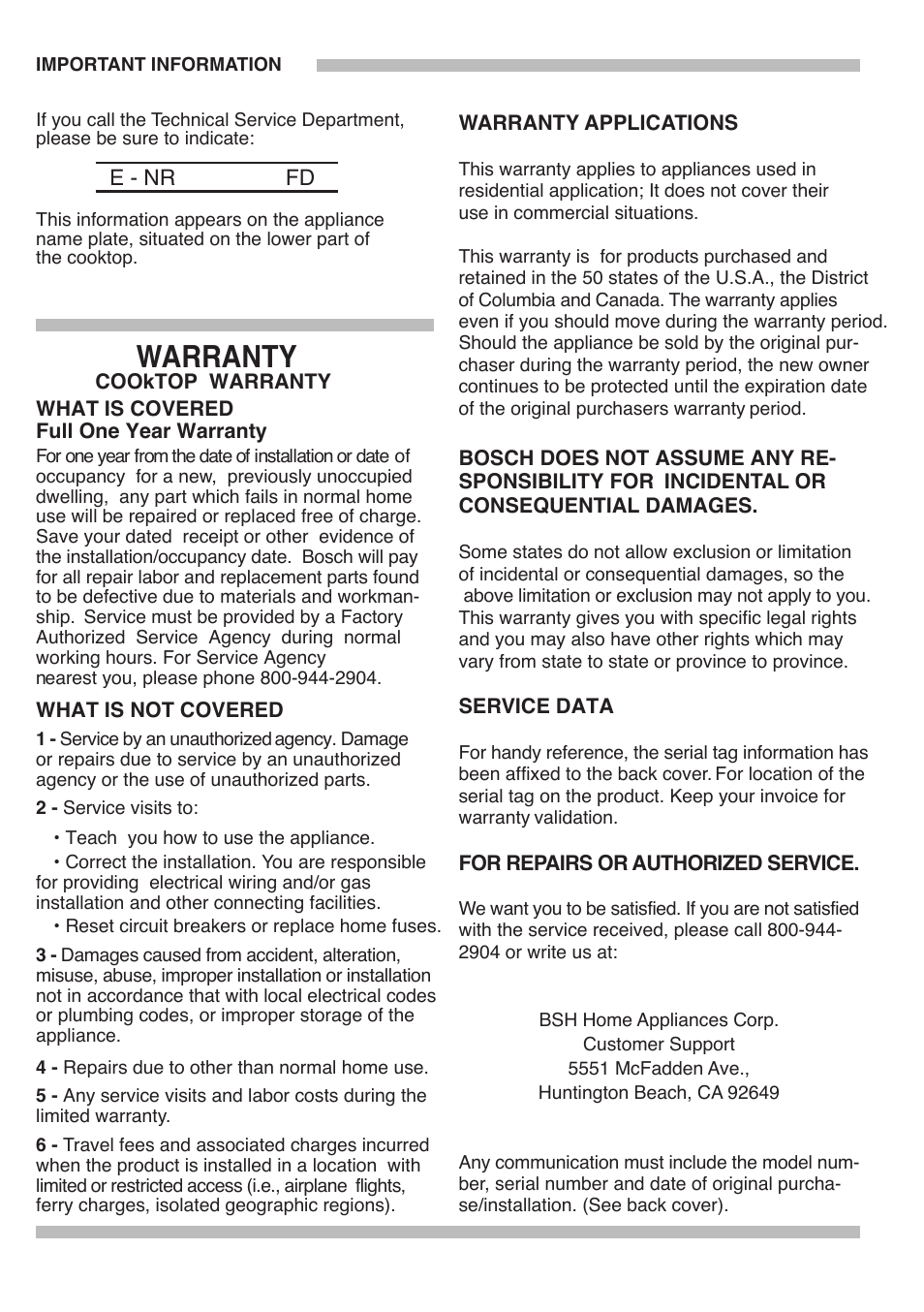 Warranty | Bosch PGL985UC User Manual | Page 23 / 65