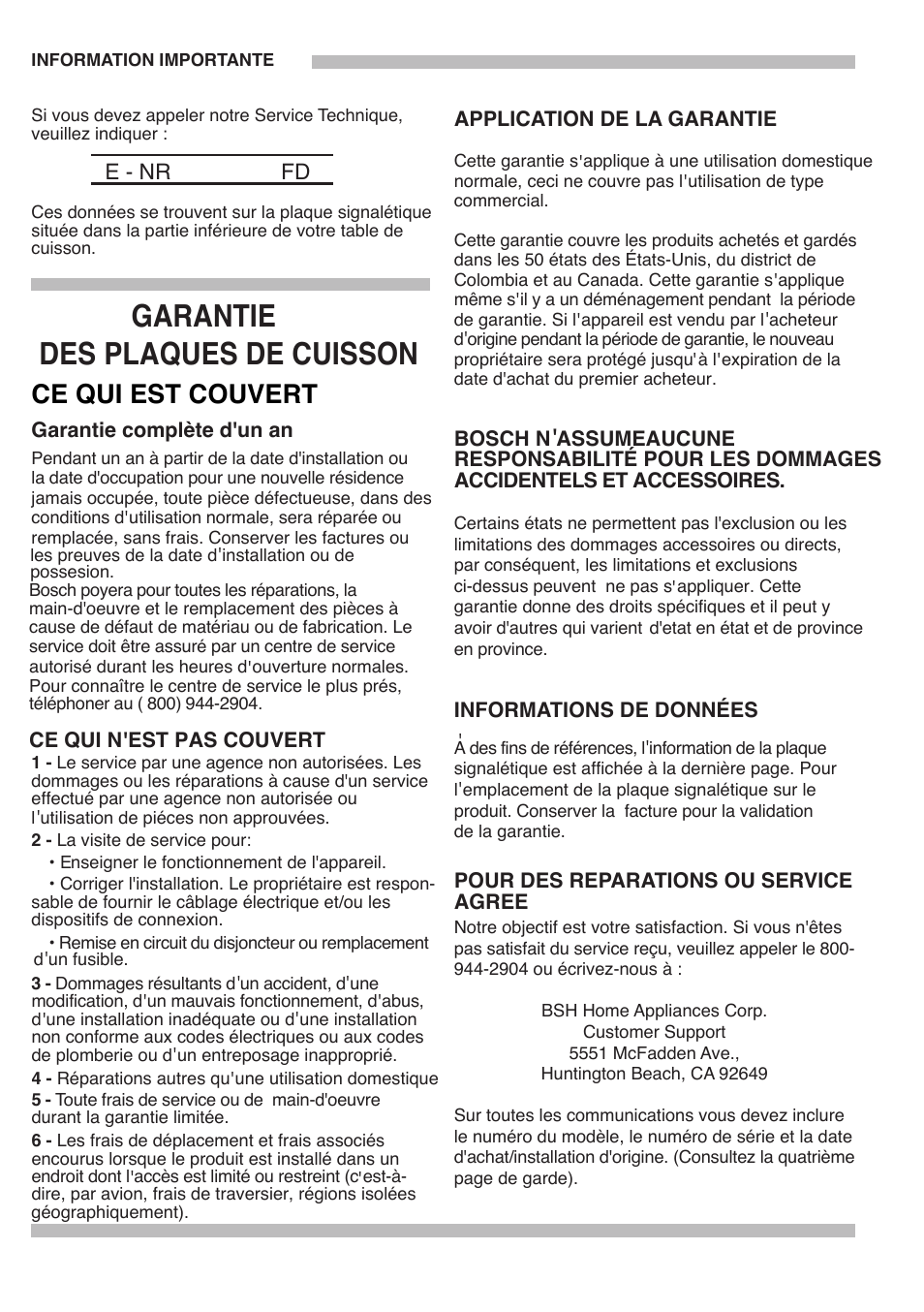 Des plaques de cuisson garantie, Ce qui est couvert | Bosch PGL985UC User Manual | Page 44 / 65