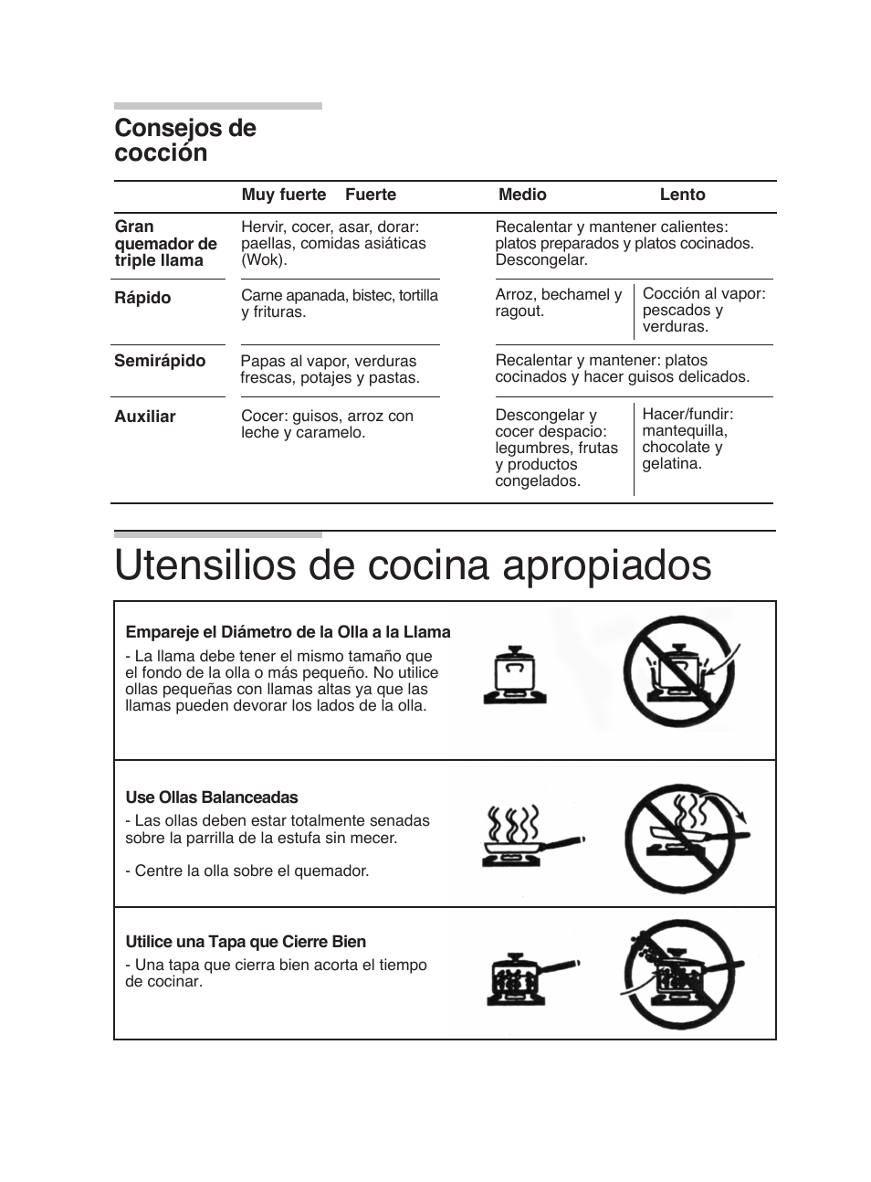 Utensilios de cocina apropiados, Consejos de cocción | Bosch PGL985UC User Manual | Page 56 / 65