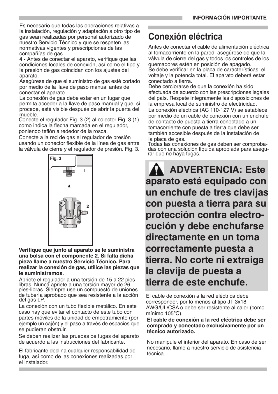 Advertencia: este, Conexión eléctrica | Bosch PGL985UC User Manual | Page 62 / 65